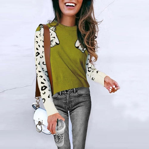 Animal print casual warm pullover    women Streetwear long