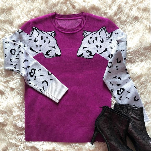 Animal print casual warm pullover    women Streetwear long